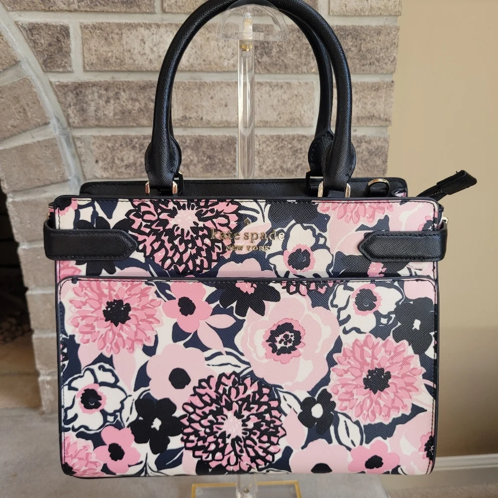 *NWOT* Kate Spade Pink and Black Staci Dahlia Floral Satchel - Picture 5 of 15